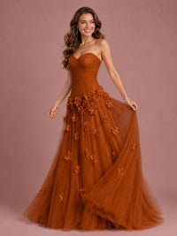Blush Pink Strapless Sweetheart 3D Floral Tulle Ball Gown Prom Dres