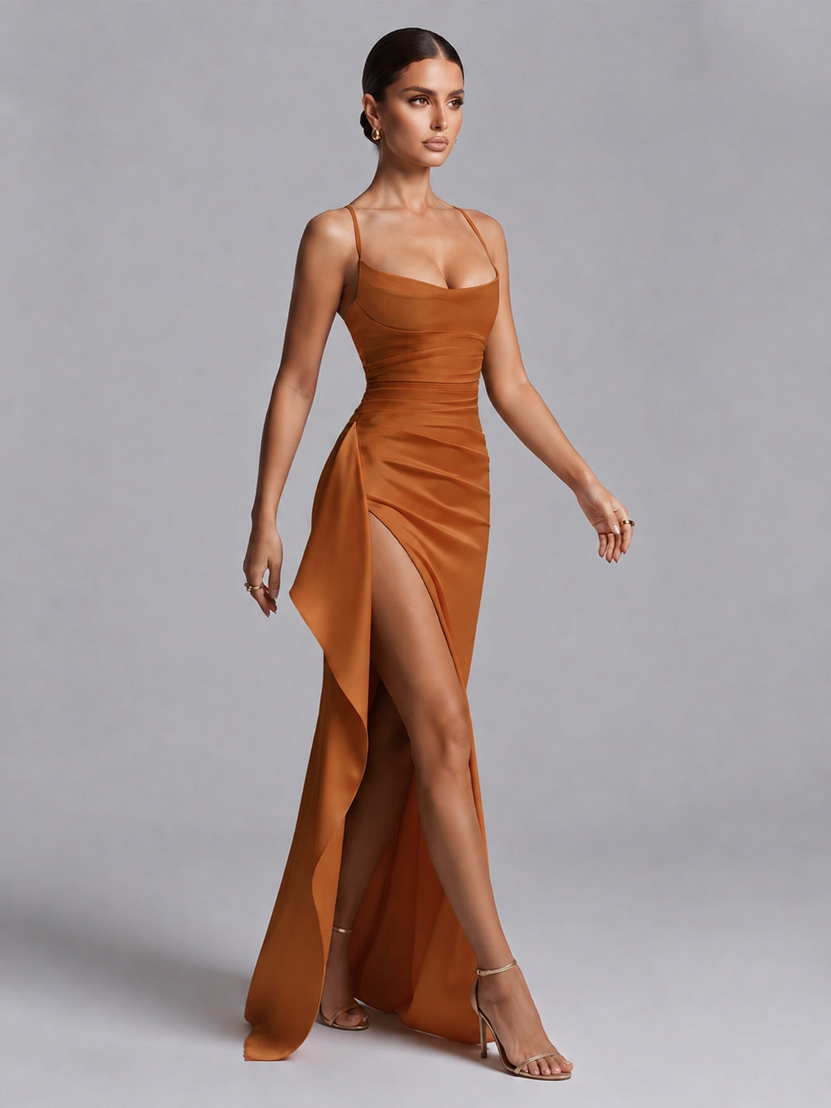 Square Neck Satin Long Prom Dress with Ruffles
