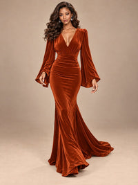 Burgundy Velvet Deep V-Neck Ruched Long Sleeve Maxi Dress