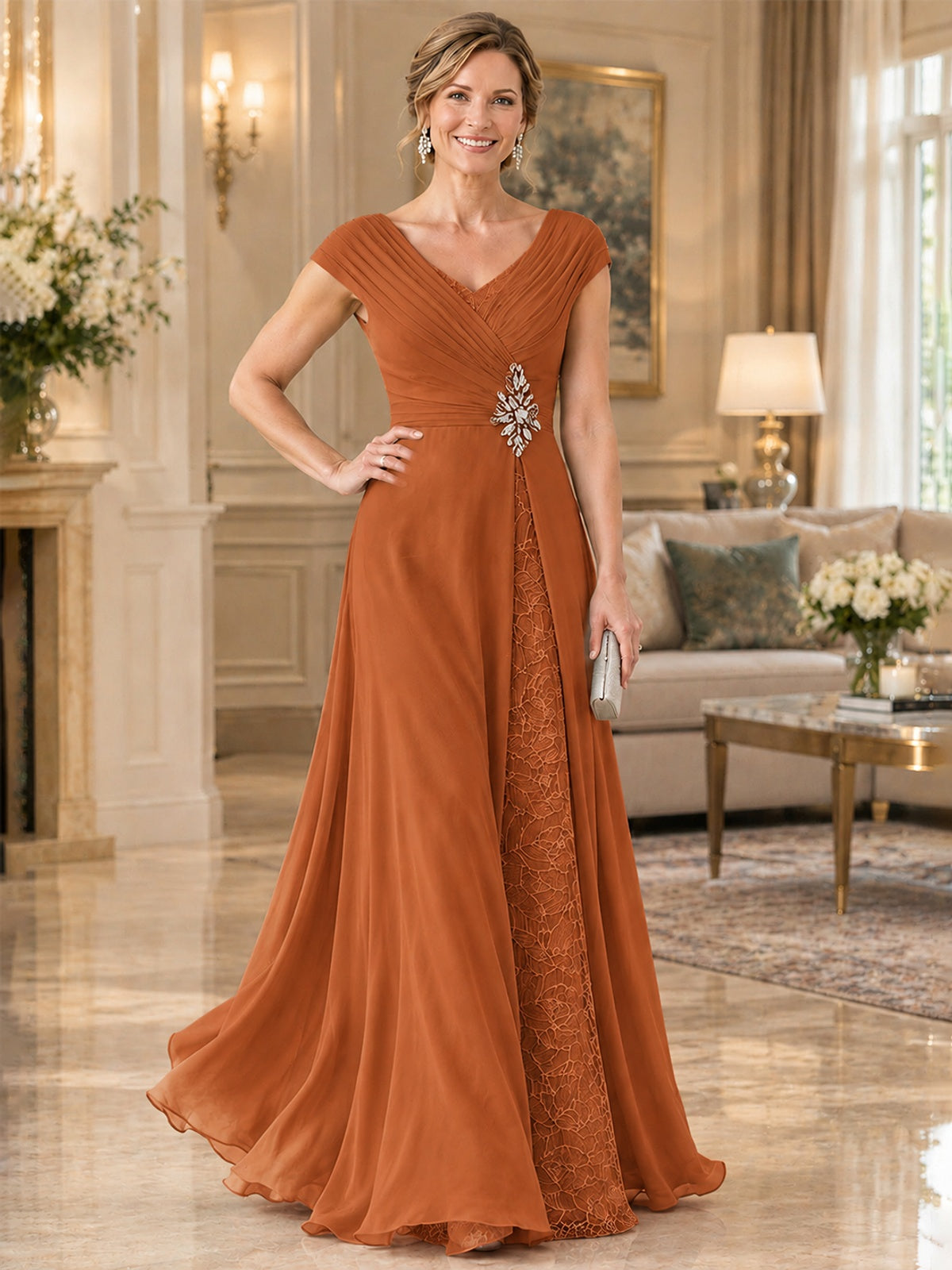 Pleated Chiffon Lace Mother of The Bride Dresses with Beading Cap Sleeves