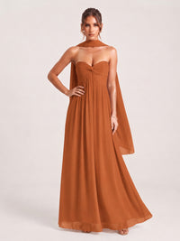 Strapless Ruched Chiffon Long Prom Dress with Scarf