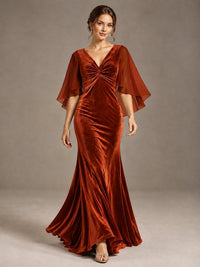 Navy Blue Velvet V Neck Mermaid Formal Dress with Flutter Cape Sleeves