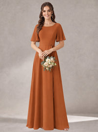 Scoop Neck A-line Chiffon Bridesmaid Dress with Flutter Sleeve & Belt