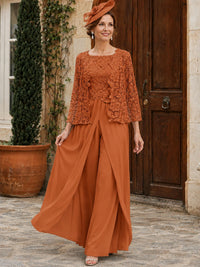 Elegant 3-Piece Chiffon Mother of the Bride Pantsuit with Floral Applique Jacket