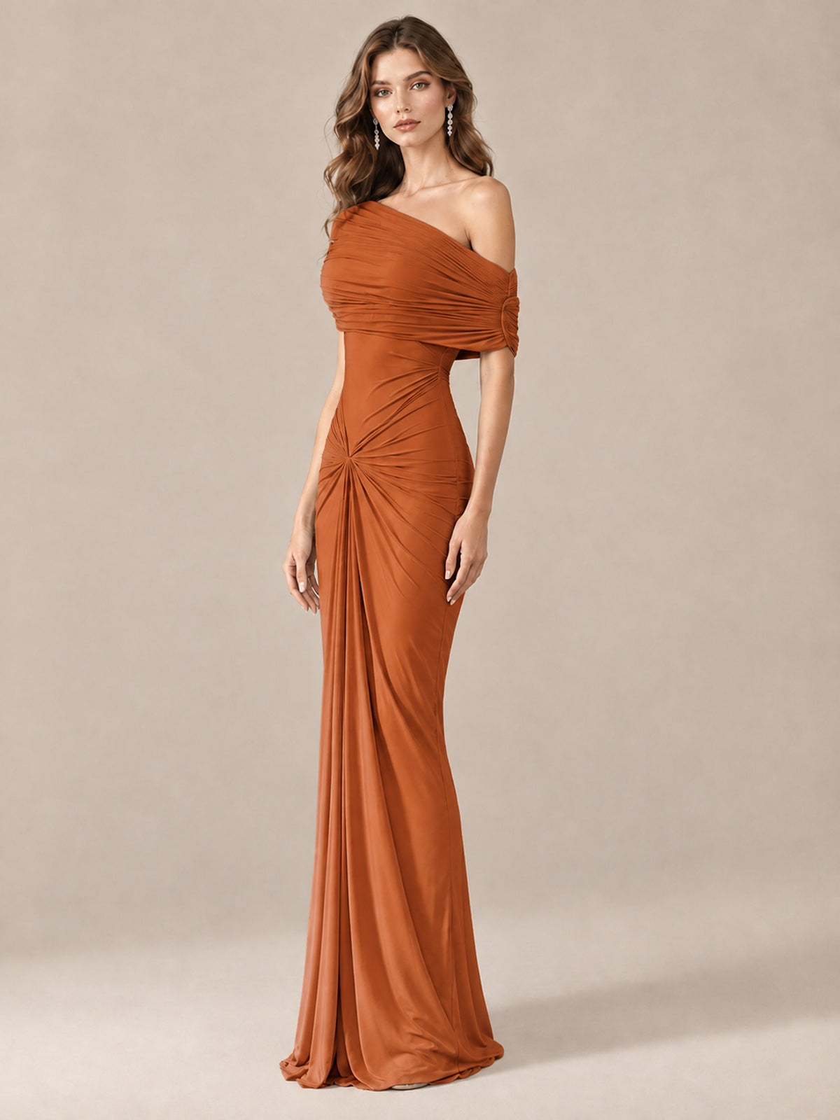 Elegant Draped Off Shoulder Ruched Mermaid Chiffon Formal Evening Gown