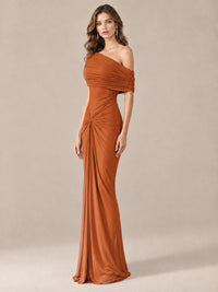 Elegant Draped Off Shoulder Ruched Mermaid Chiffon Formal Evening Gown