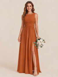A-line Sleeveless Rucehd Chiffon Bridesmaid Dress with High Slit