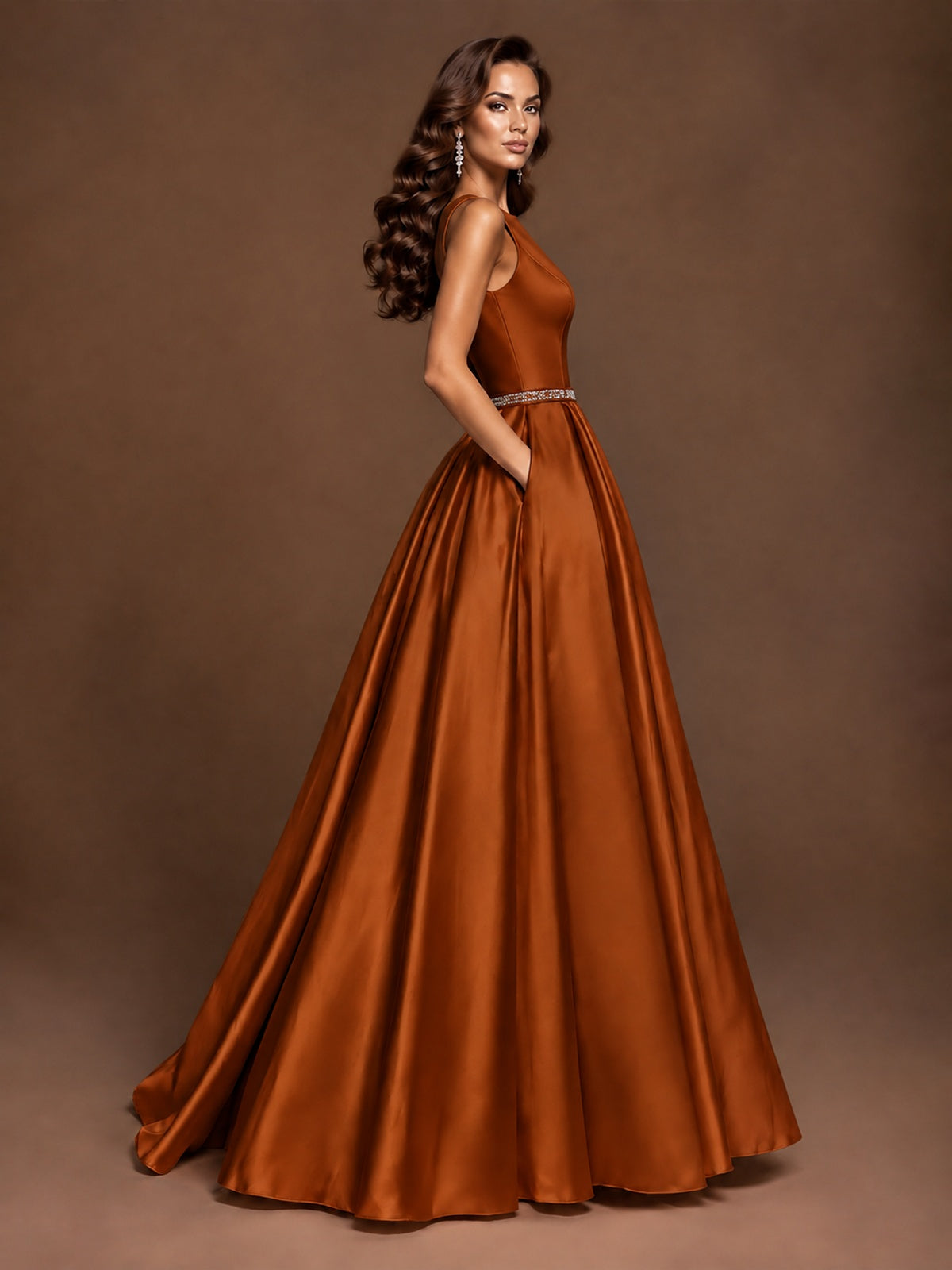 Satin A-Line Prom Dress Sleeveless Beaded Waist Formal Gown with Pockets