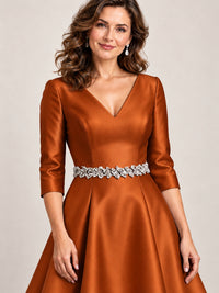 V-Neck Tea-Length Mother of the Bride Dress with Embellished Waist