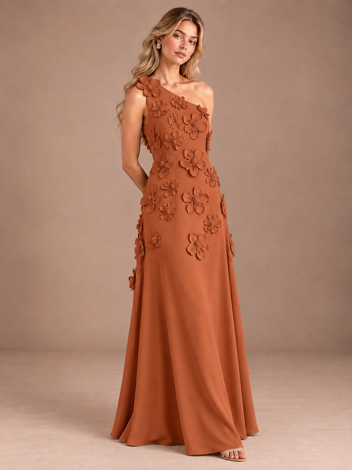 Sage Green One Shoulder Satin Formal Maxi Dress with 3D Floral