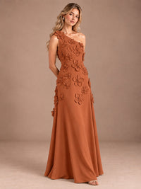 Sage Green One Shoulder Satin Formal Maxi Dress with 3D Floral