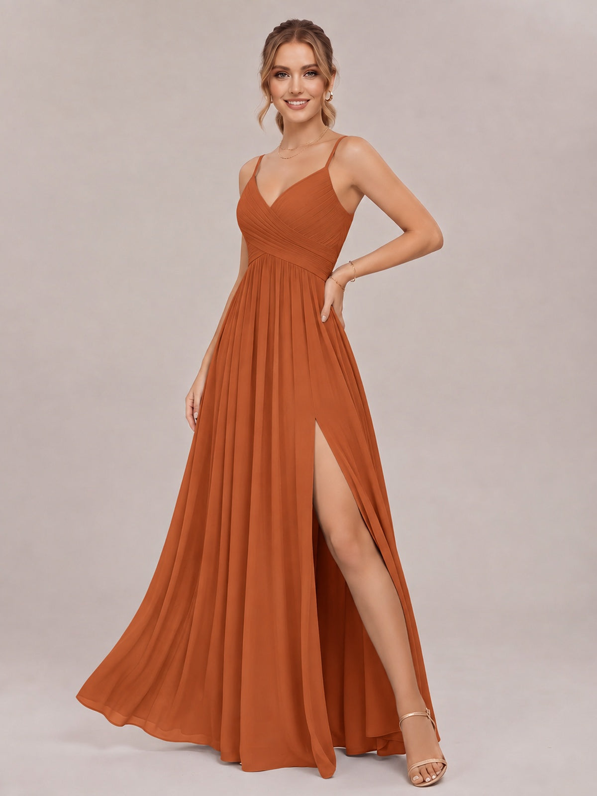 V-Neck Pleated Chiffon Long Bridesmaid Dress with Slit