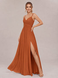 V-Neck Pleated Chiffon Long Bridesmaid Dress with Slit