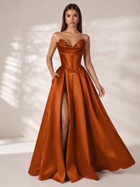 Strapless Corset Satin Prom Dress Long Evening Gown with High Slit