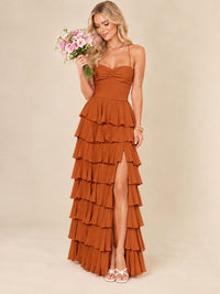Ruffled Tiered Chiffon Prom Dress Spaghetti Straps Formal Maxi Dress with Slit