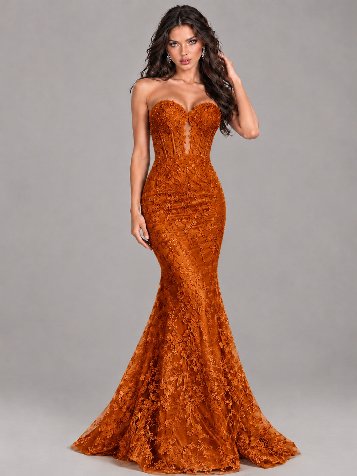 Strapless Corset Mermaid Prom Dress Lace Appliqué Formal Gown