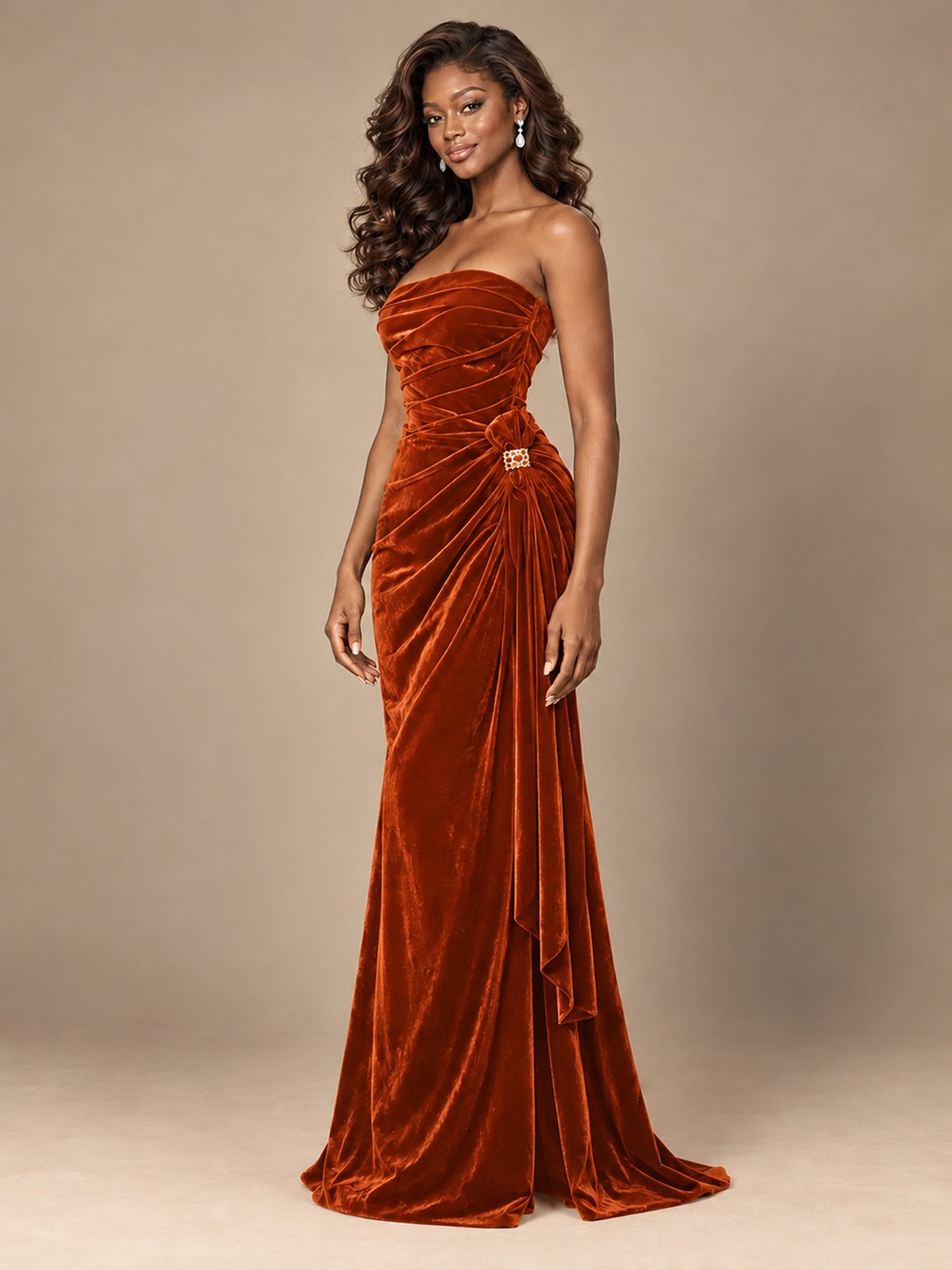 Burgundy Velvet Strapless Ruched Prom Dress with Jeweled Side Drape
