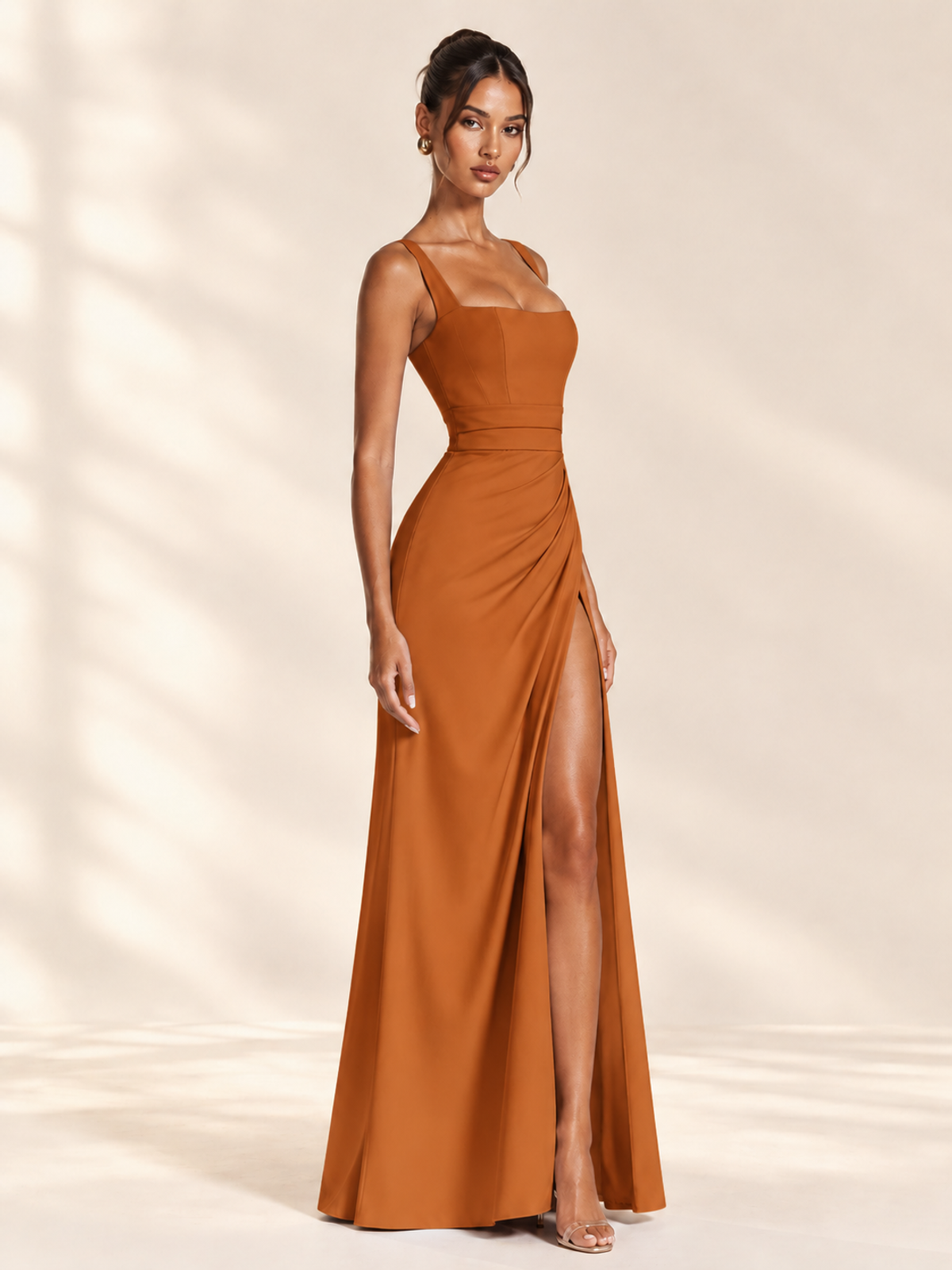 Square Neck Satin Sleeveless Ruched Prom Dress with High Slit