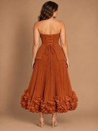 Navy Blue Strapless Pleated A-Line Midi Dress with 3D Floral Applique