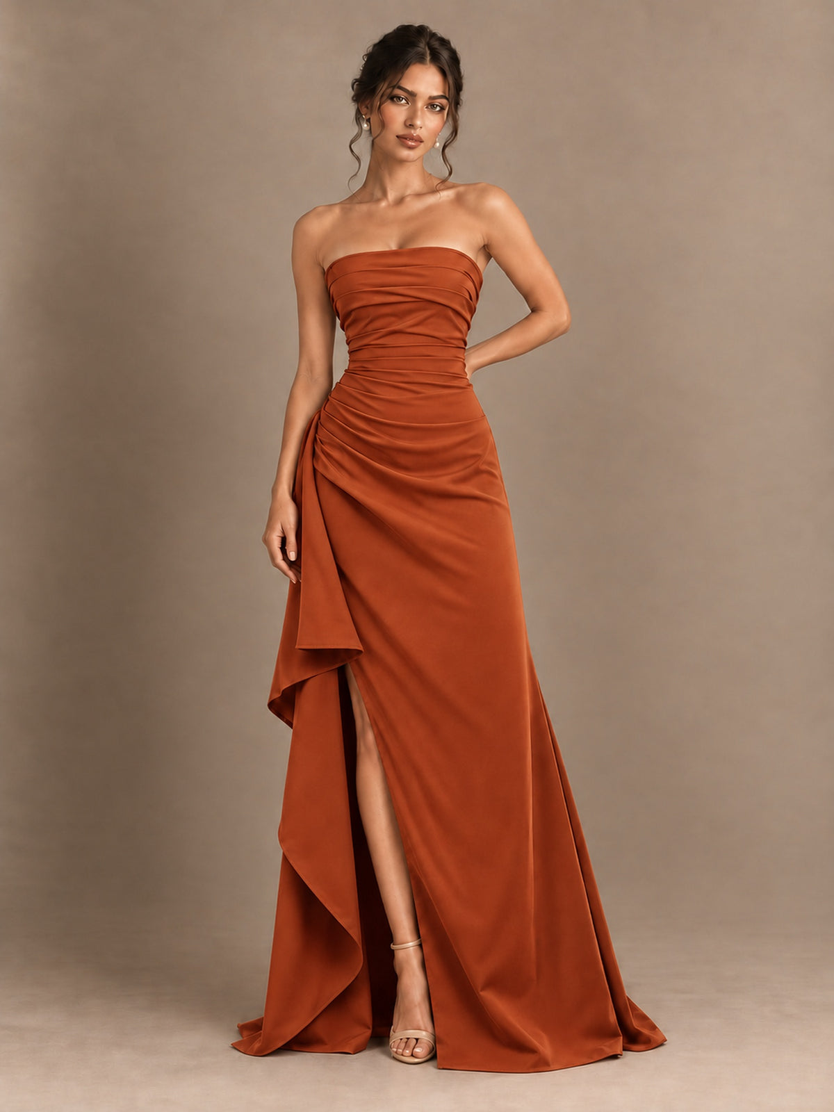 Black and White Strapless Ruched Prom Dress with High Slit & Side Drape