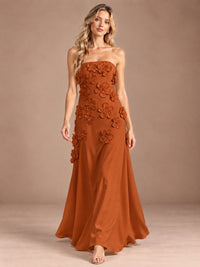 Yellow Strapless A-line Satin Maxi Dress with 3D Floral