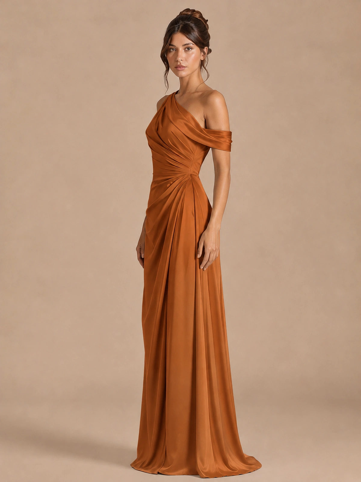 Satin One Shoulder Prom Dress Ruched Long Formal Evening Gown