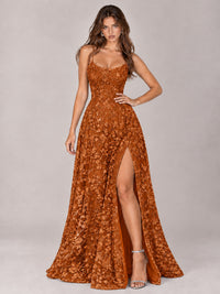 Floral Lace A-Line Prom Dress with Spaghetti Straps & High Slit