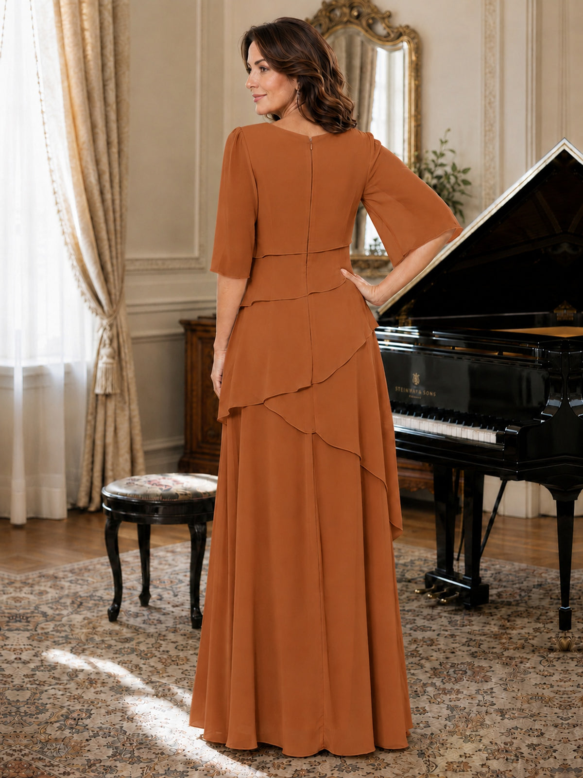Asymmetric Draped Chiffon Mother of the Bride Dress with Flutter Sleeves