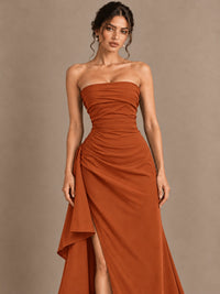 Black and White Strapless Ruched Prom Dress with High Slit & Side Drape