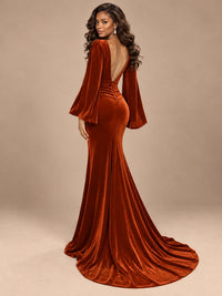 Burgundy Velvet Deep V-Neck Ruched Long Sleeve Maxi Dress