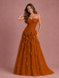 Blush Pink Strapless Sweetheart 3D Floral Tulle Ball Gown Prom Dres