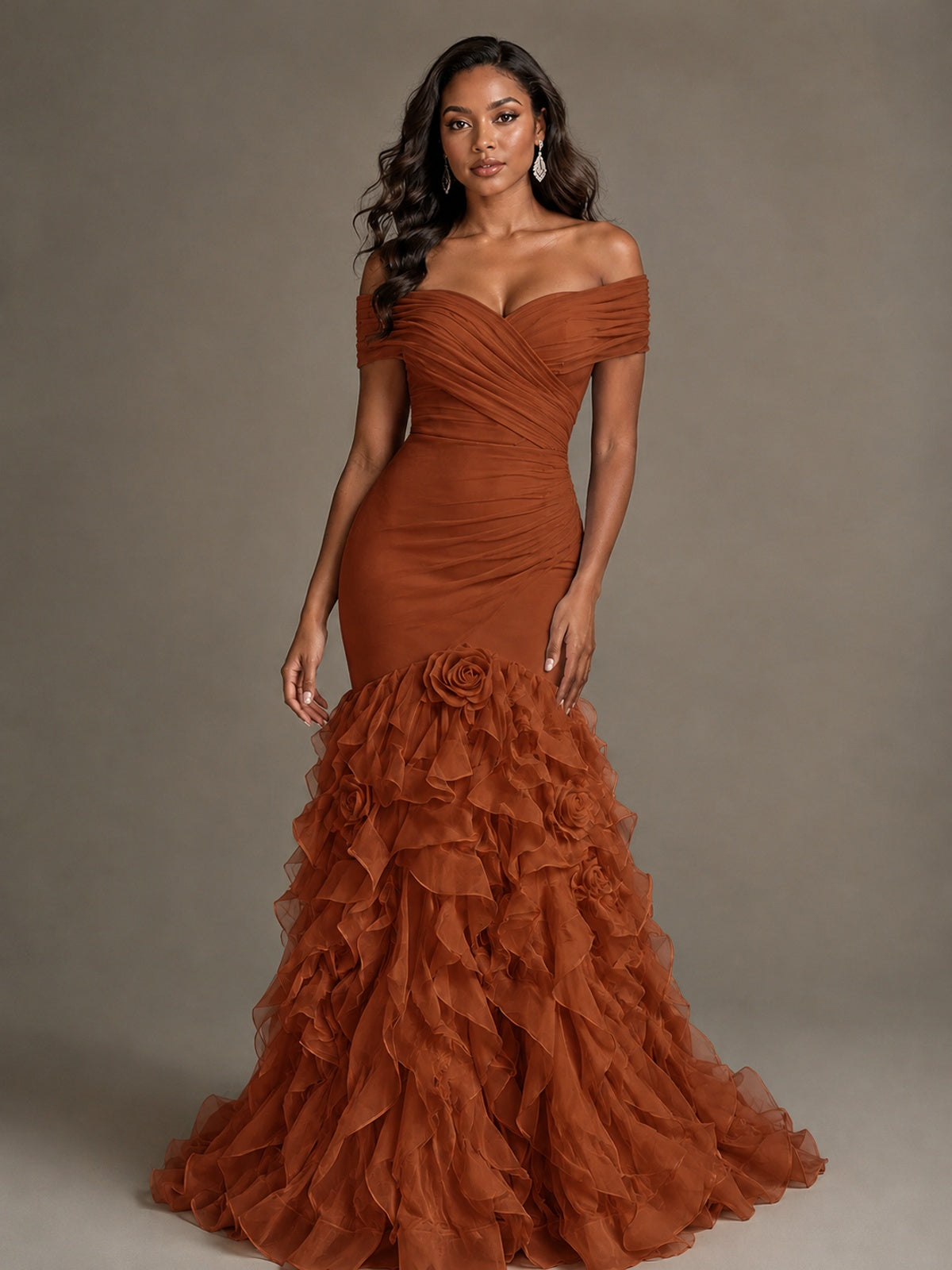 Pink Off-the-Shoulder Mermaid Prom Dress with Ruffles 3D Flowers