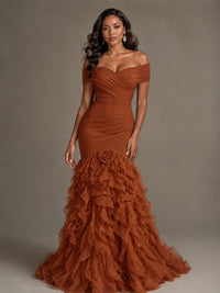 Pink Off-the-Shoulder Mermaid Prom Dress with Ruffles 3D Flowers