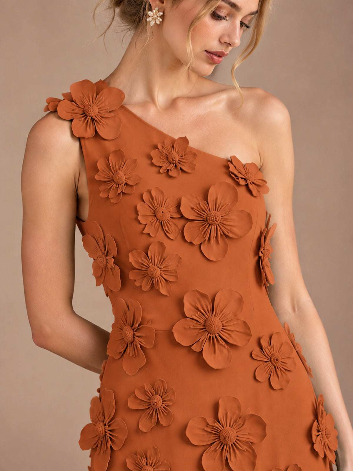 Sage Green One Shoulder Satin Formal Maxi Dress with 3D Floral
