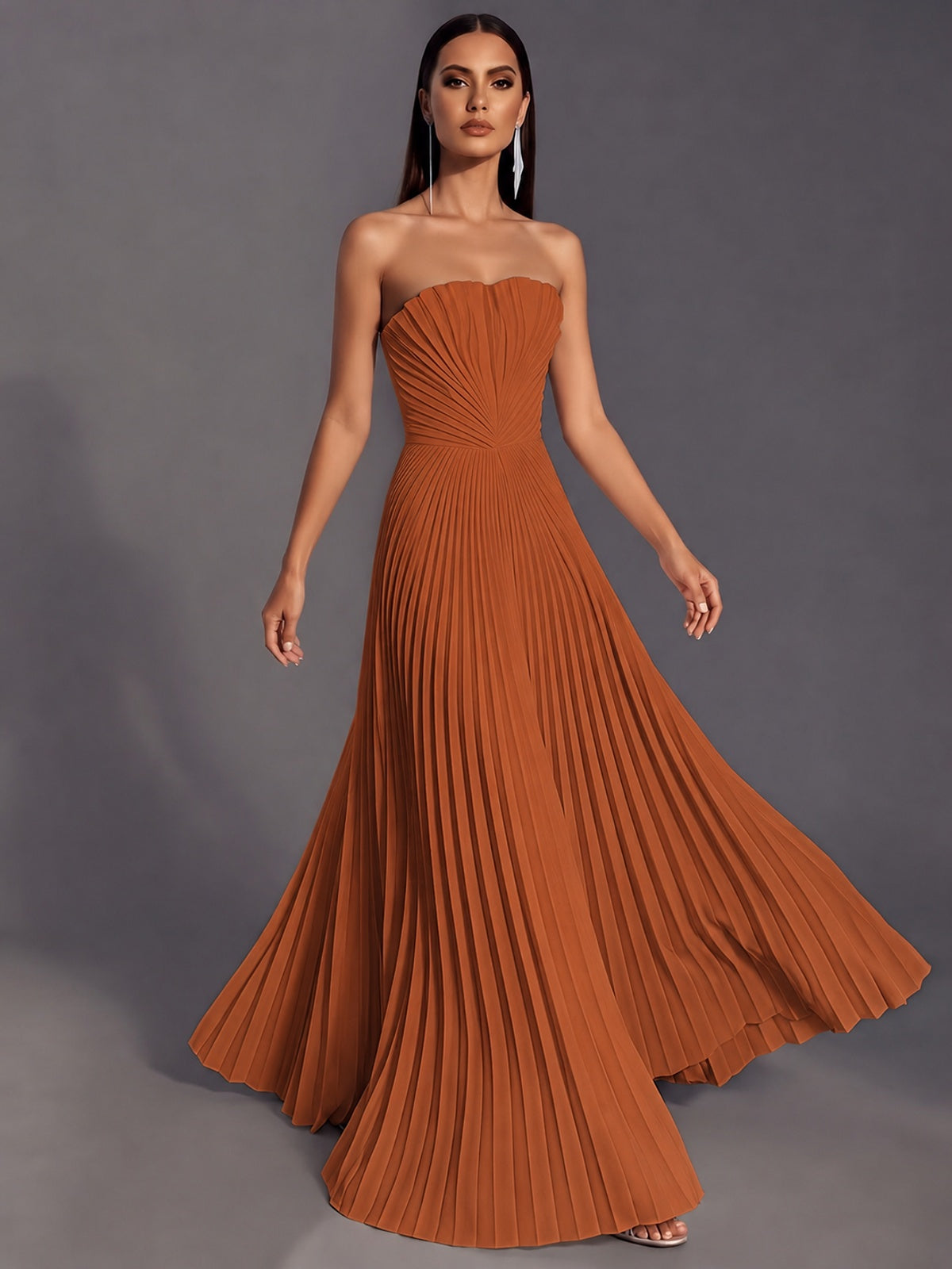 Strapless A-line Long Pleated Satin Prom Dress
