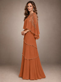 Elegant Chiffon Cape Sleeve Beaded Mother of the Bride Dress