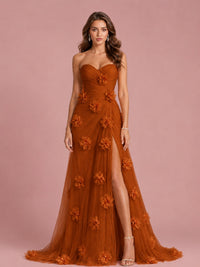 3D Floral Applique Strapless Tulle Prom Dress with High Slit