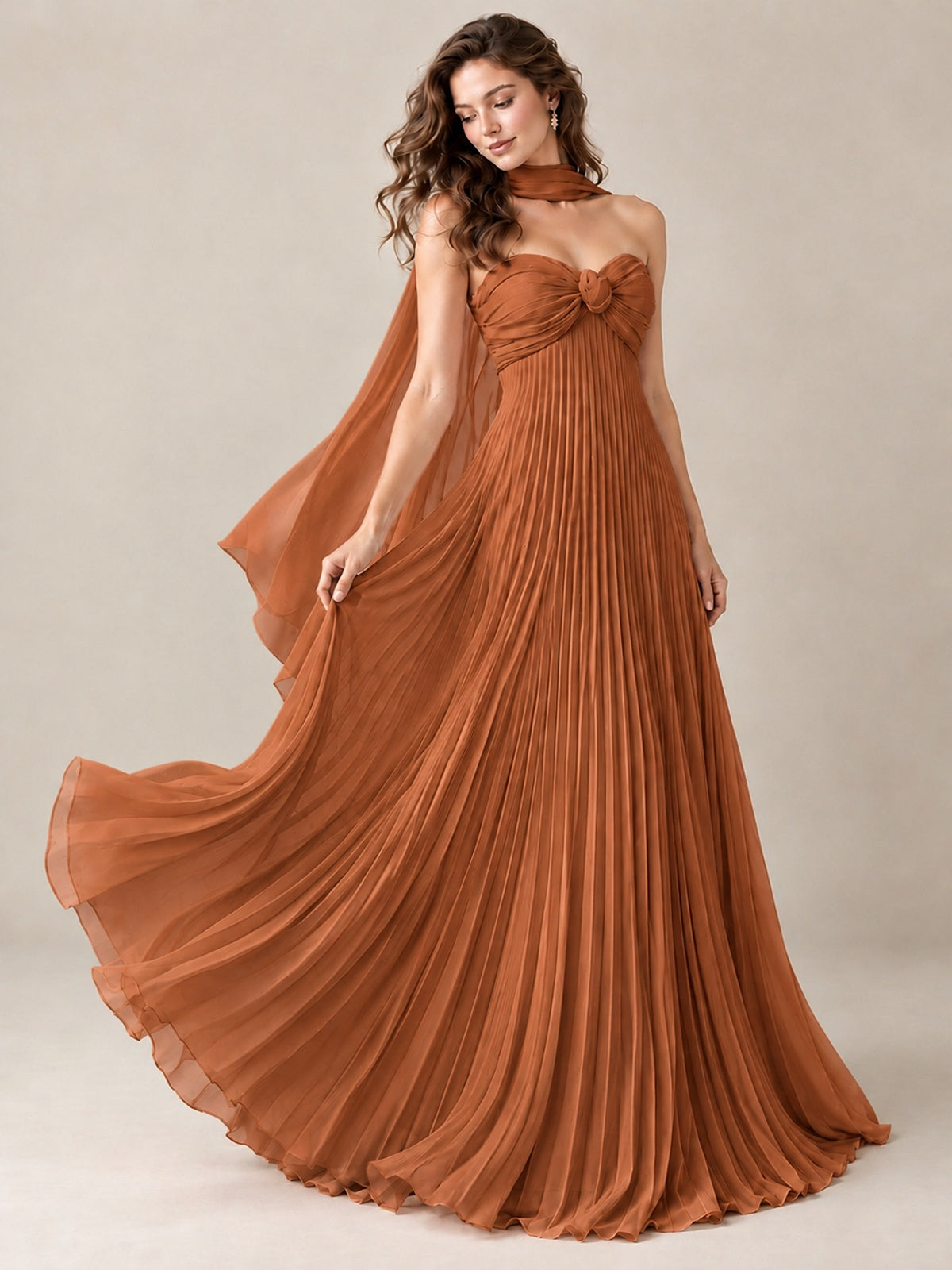Sweetheart Neckline Pleated Prom Dress Strapless A-line Formal Dress with Flowy Scarf