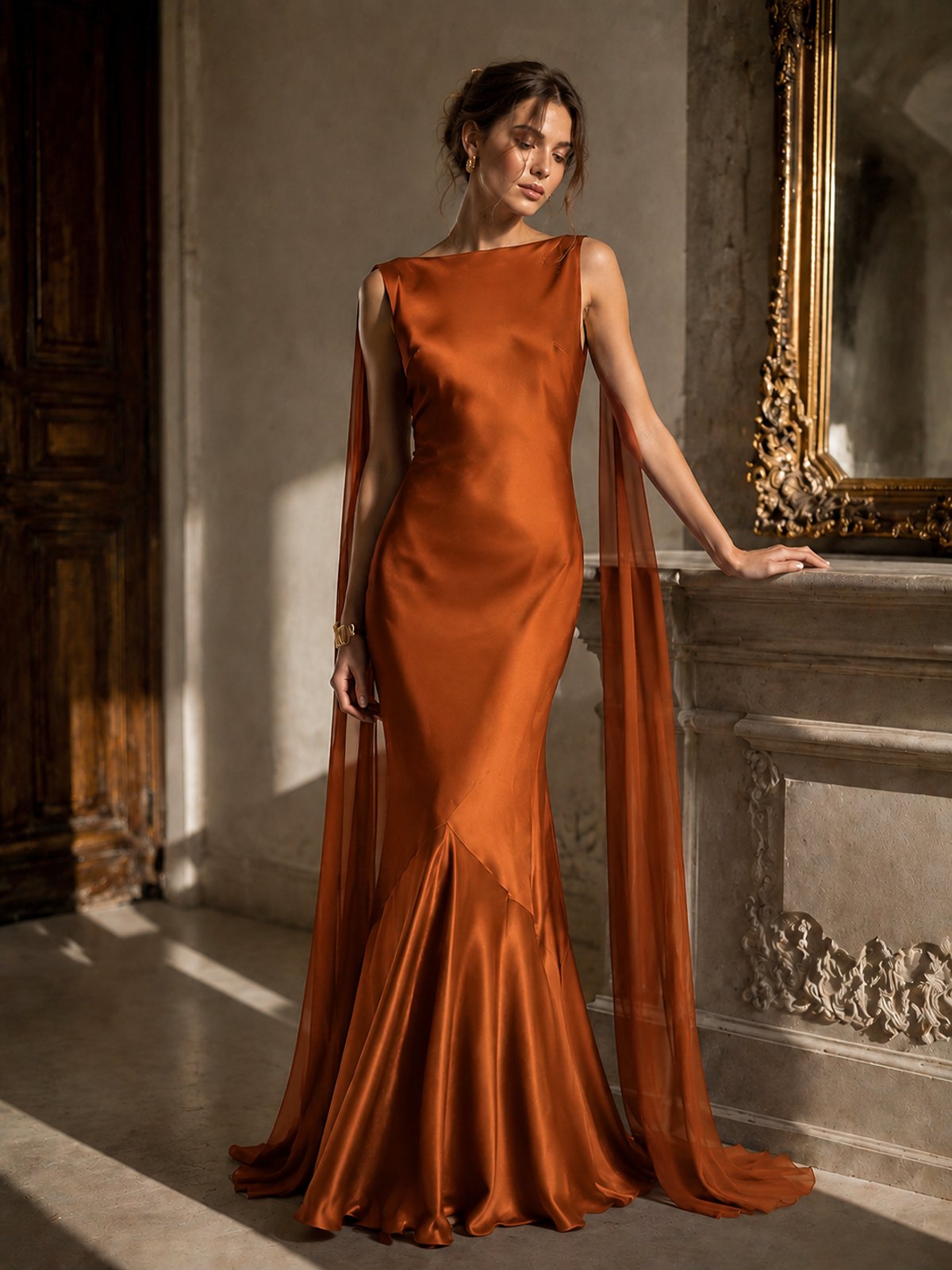Burgundy Satin Mermaid Cape Maxi Dress