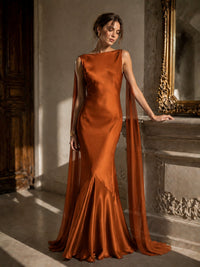Burgundy Satin Mermaid Cape Maxi Dress