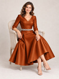 V-Neck Tea-Length Mother of the Bride Dress with Embellished Waist