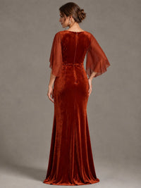 Navy Blue Velvet V Neck Mermaid Formal Dress with Flutter Cape Sleeves