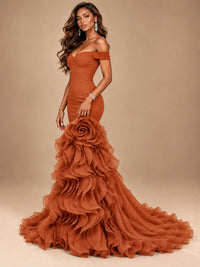 Dusty Blue Off-the-Shoulder Mermaid Prom Dress with 3D Rose & Ruffles