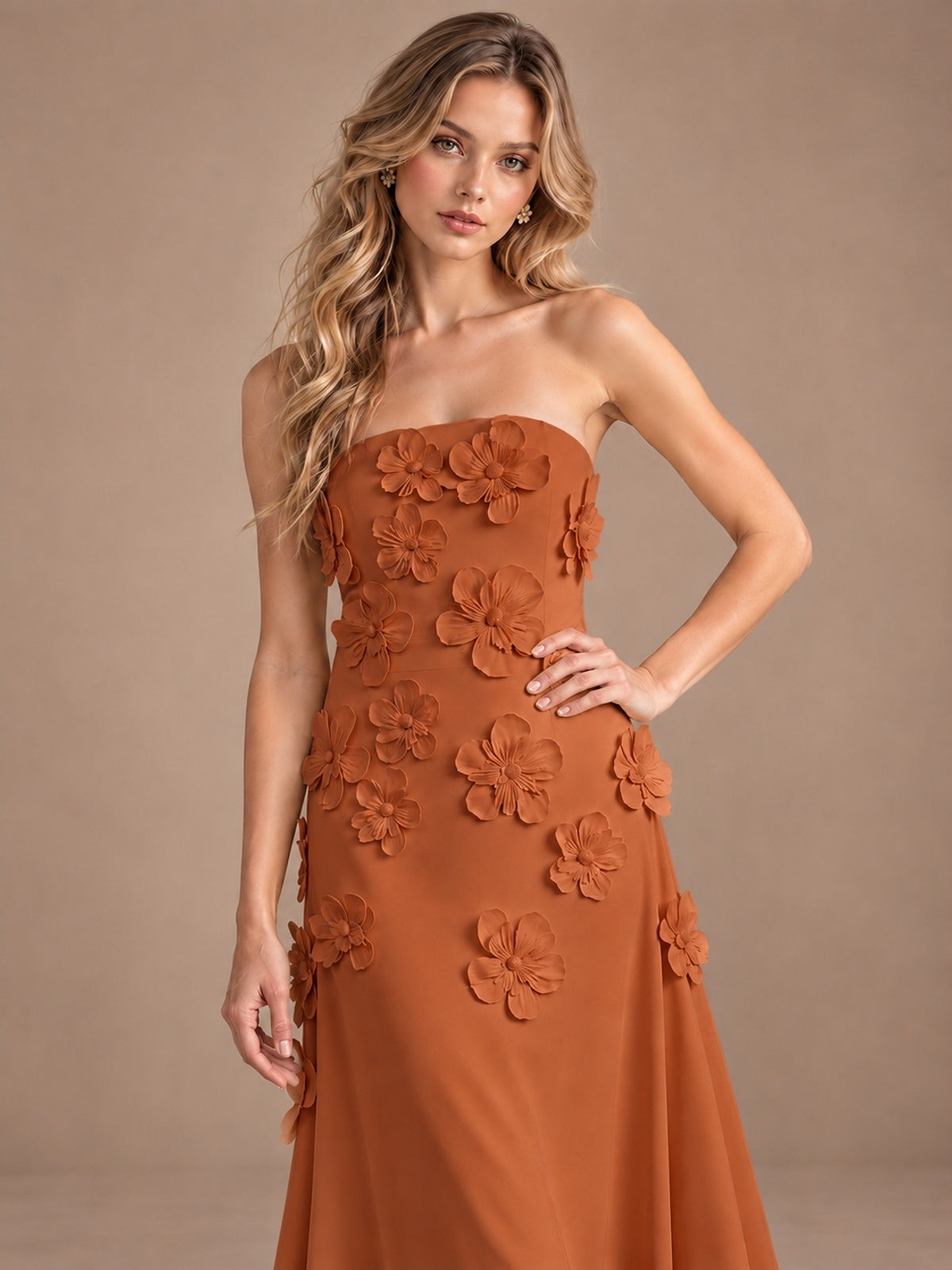 Yellow Strapless A-line Satin Maxi Dress with 3D Floral