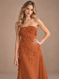 Yellow Strapless A-line Satin Maxi Dress with 3D Floral
