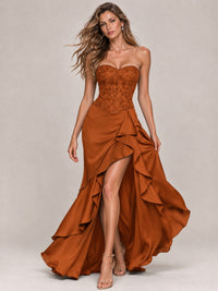 Strapless Lace Appliques Corset Satin Prom Dress Ruffle Slit Evening Gown