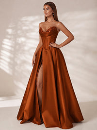 Strapless Corset Satin Prom Dress Long Evening Gown with High Slit