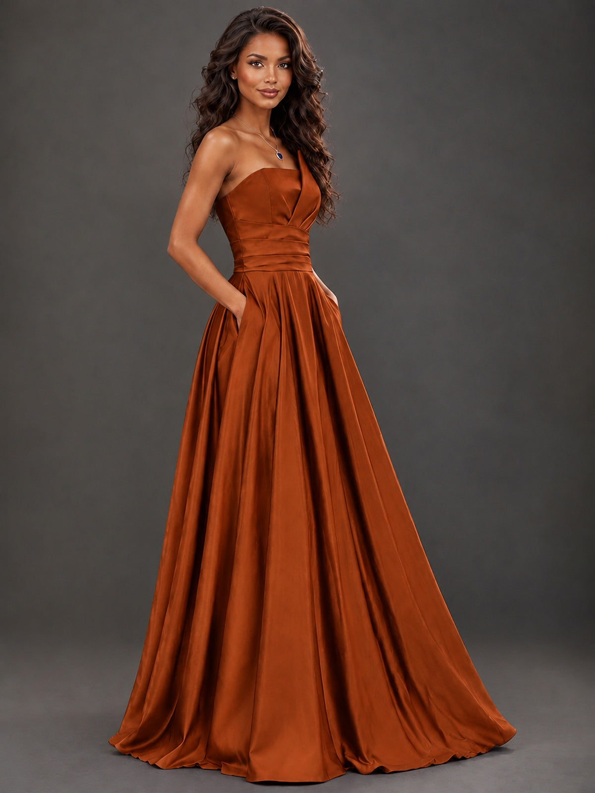 Draped Satin Prom Dress Strapless A-line Formal Dress Floor Length