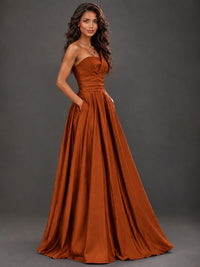 Draped Satin Prom Dress Strapless A-line Formal Dress Floor Length