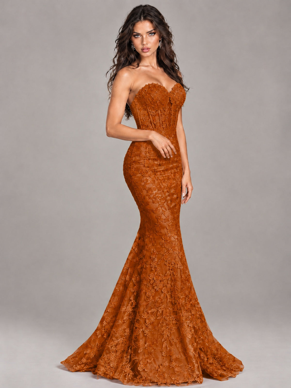 Strapless Corset Mermaid Prom Dress Lace Appliqué Formal Gown